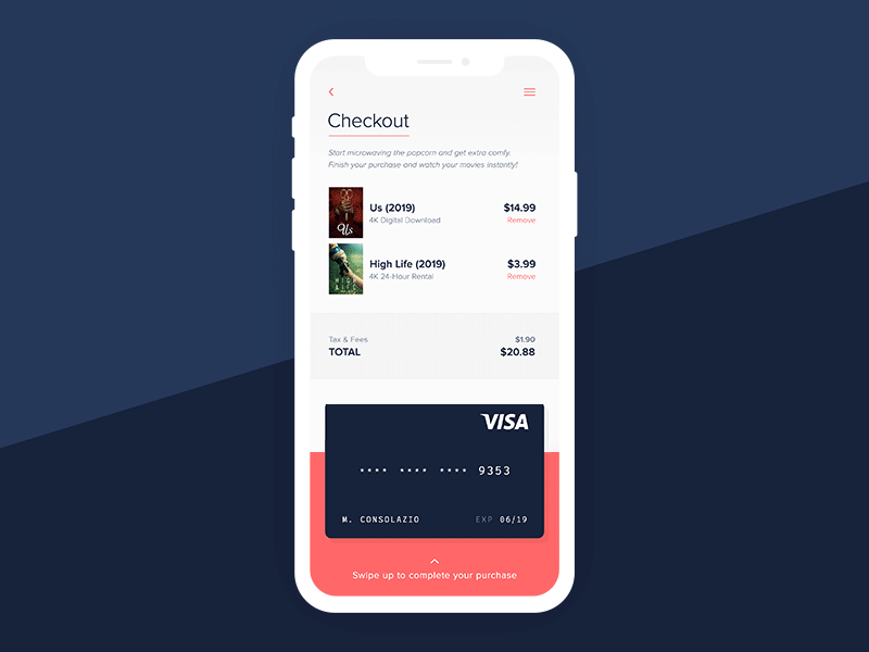 Movie Rental // NOW WITH MOTION! checkout credit card daily ui download movies order shopping cart ui ui design ux
