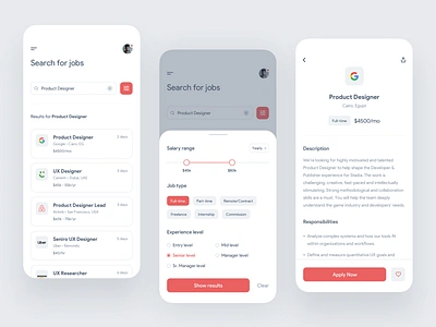 Job Portal - App Concept app filter clean filter job job application job board job finder job finder app job listing job portal job search minimal salary range search ui ux