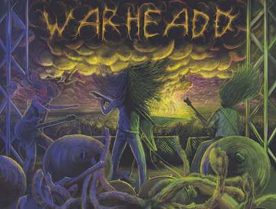 Warheadd Album Cover album art album cover band bass bomb concert digital painting drums explosion glow guitar hair illustration lights show skeleton skull stage