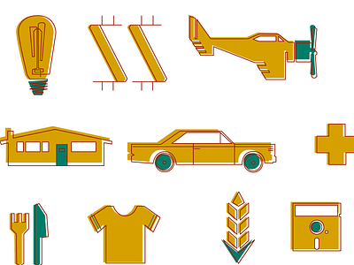 Pictograms car floppy disk illustrator lightbulb picto pictogram plane vecto vectoriel vintage