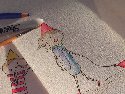 Pinocchio day to day life. children illustration pinocchio watercolour