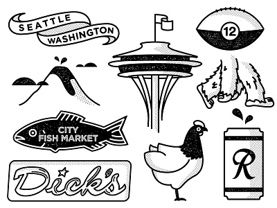 Seattle Icons 1 bigfoot chicken dicks fish halftone icon ranier seahawks seattle space needle