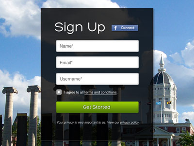 College Sign Up Box college facebook connect form get started large image sign up transparency ux