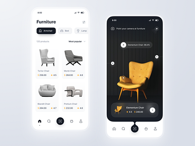 Furniture Store Concept android app ar armchair bed black and white dark ecommerce figma ios lamp light mobile online shop store ui ui design ux vr
