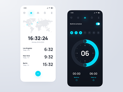 Mobile Clock App alarm android app bedtime clock dark design figma icons ios light mobile schedule time timer ui ui design ux watch