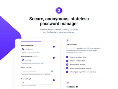 Stateless Password Manager app application clean cybersecurity desktop faq figma form inputs landing light manager page password questions security ui web