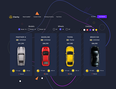 Clarity - Electric cars shop - dark version card design cars ecommerce filter menu pdp plp product product display product listing top nav ui ux uxui