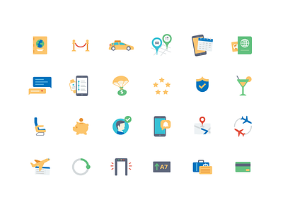 Travel App Icons alert briefcase credit card icon set lounge map passport security taxi ticket travel