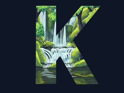 K: 36 Days of Type 36 days of type environment forest illustration k landscape moss procreate river stones water reflection waterfall