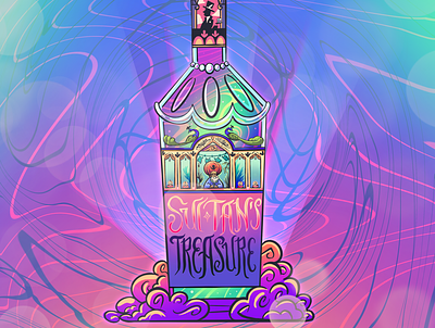 Sultan's Treasure alcohol bottle colorful design illustration label liquor magic mystical package procreate sultan