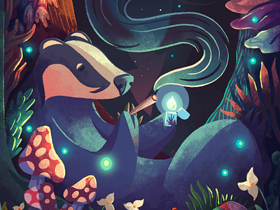The Weed Badger badger fireflies forest illustration magical marijuana moon procreate texture weed wood