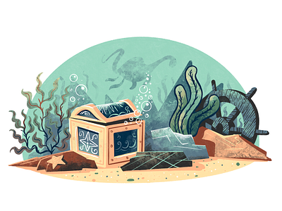 Hidden Treasures (unused illustration for The Nessie) art artwork bubbles chest illustration illustrations illustrator illustrators loch ness monster plants procreate texture treasure underwater