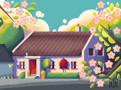 Irish Cottage architecture blossoms cottage flowers home illustration illustrations illustrator illustrators irish retrosupply texture thatched trees