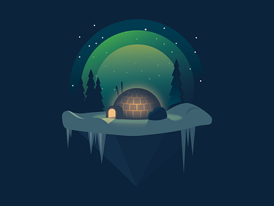 The Lone Igloo floating glow ice icicle igloo island northern lights pine snow stars tree winter