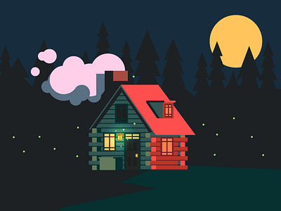 Cabin Home (146/365) cabin forrest home house illustration moon pines rustic smoke sunset trees woods