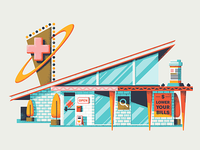 One Stop Shop architecture brick doctor illustration medical mid century modern retro shop sign station texture