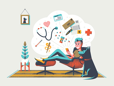 Jo and Trooper bills character dog eames chair grain health illustration insurance medical mid century modern phone texture