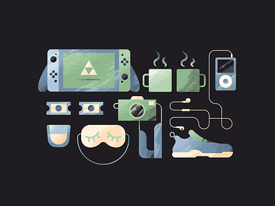 Take Care of Yourself advice camera coffee headphones illustration ipod mask nintendo switch running shoe shoe shoes sleep switch texture tickets whiskey
