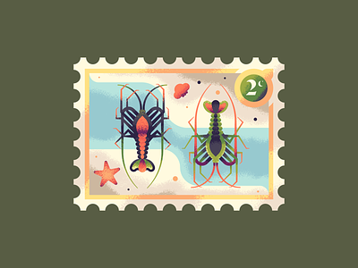 Two Rock Lobsters 12 days of christmas illustration lobster lobsters ocean postage rock lobster sea seafood stamp starfish texture
