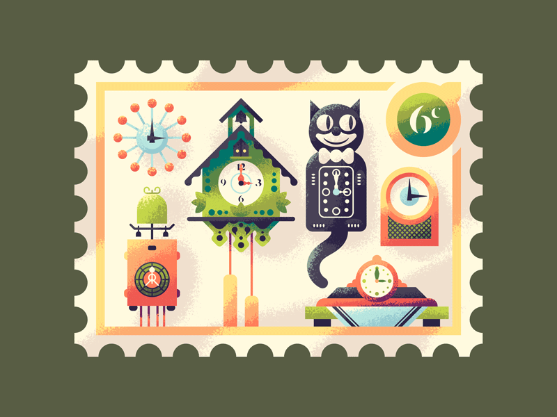 Six Clocks a-Tickin animation cat clocks coo coo clock gif gif animation postage retro supply co stamp texture time