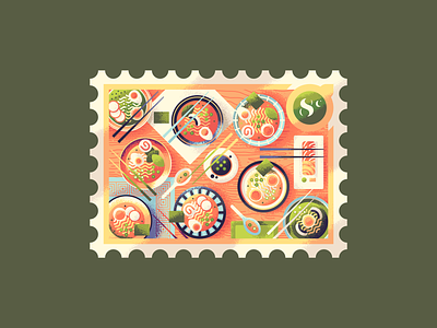 Eight Bowls of Ramen 12 days of christmas asian eggs food illustration japan noodles postage ramen retro supply soy sauce stamp sushi table texture textured