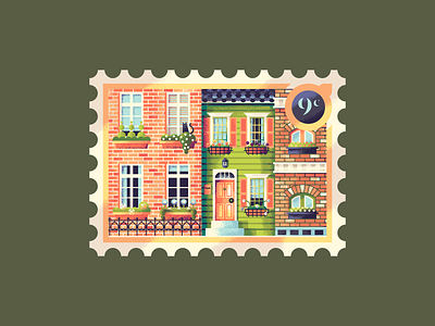 Nine Window Boxes brick buildings cat city flowers houses illustration illustration art texture town window window boxes windows