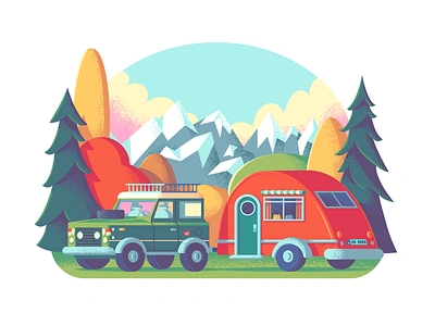 Our Belongings adobe illustrator adobe photoshop camper camping camping van forrest illustration illustration art mountain range rover retro supply rv trailer