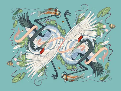 Red Crowned Cranes crane dry ink brush fish fishing illustration koi koi fish lilypad lilypads procreate symmetry