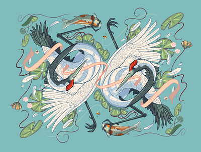 Red Crowned Cranes crane dry ink brush fish fishing illustration koi koi fish lilypad lilypads procreate symmetry