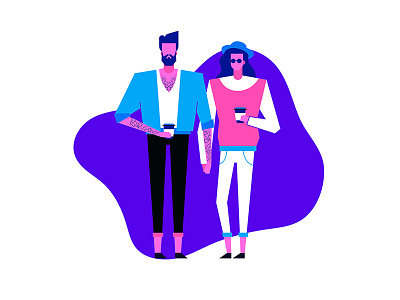 In love with coffee and tattoos art cartoon characters coffee geometric goggles hat hipsters illustration man minimal neon colors people pink subcultures tattoos vector violet woman