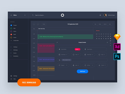 Free Dark Calendar Template adobe xd app dashboard design donwload download interface kit photoshop psd sketch symbols template ui ui blocks ui kit uikit ux web webdesigner