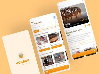 Pastry Shop App UI- Jubbly app application appui baker baking buy cake cake app cart clean creative design emoji food food app menu orange pastry ui