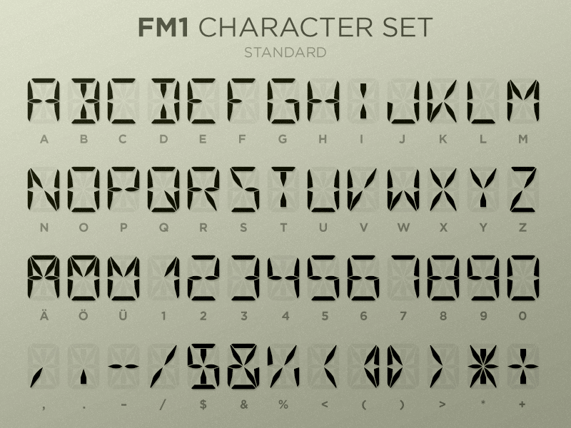 FM1 Character Set fourteen segment lcd typeface