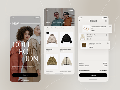 Online Shop App app beige black button clothes designsketch fashion figma graphic design jackets mobile neutral photoshoot product shop shopping ui ux woman