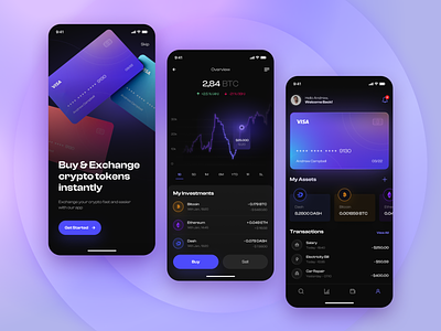 Cryptocurrency Exchange App app bitcoin blue card chart crypto cryptocurrency designblue figma graphic design mobile sketch ui ui design ux violet wallet