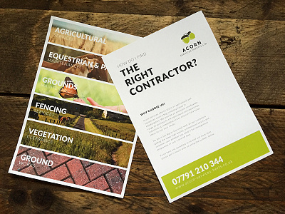A5 Flyer for Agricultural Contractor acorn brand branding clean design flat flyer leaflet lettering logo type typography