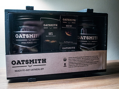 "Oatsmith", ready-to-eat oatmeal jars branding environmental design identity package design