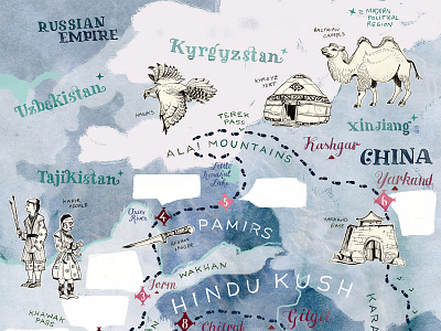 Central Asia Map Illustration, BBC World Histories Magazine III art asia atlas cartography centralasia china drawing geographic geography hand drawn hand lettered handdrawn hindukush illustrated map illustratedmap illustration map art map illustration pamir travel
