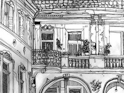 Budapest House Courtyard Drawing architecture art blackandwhite budapest diary handdrawing handdrawn hungary illustration panorama panoramic pencil pencil art pencil drawing print prints travel travelillustration
