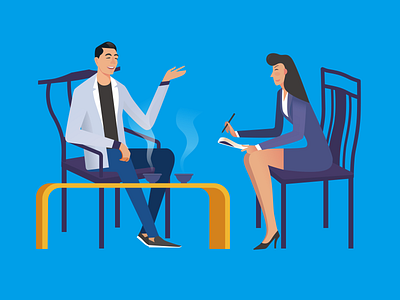 Interview to BOSS animation branding bule design desk flat girl illustration man people talk vector