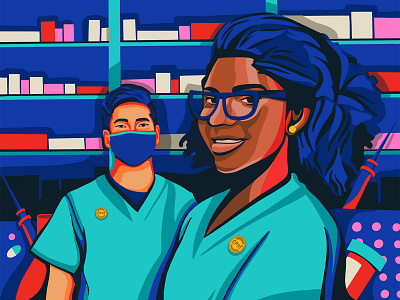 National Pharmacy Technician Day Illustration blue custom illustration digital illustration diversity illustration mask medical pharmacy pink portrait red teal technician