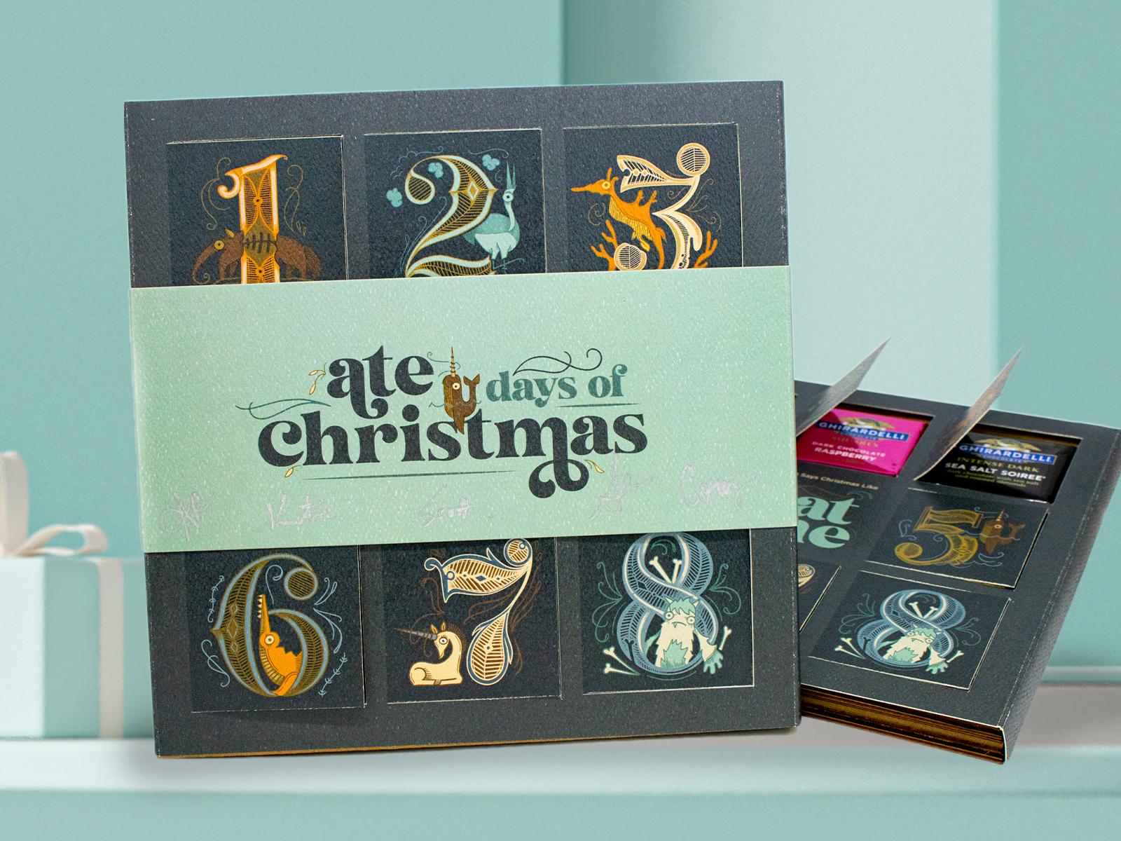 Ate Days of Christmas Advent Calendar blue calendar chocolates christmas christmas card creatures custom handcrafted handlettering holiday illustration narwhal orange whimsical