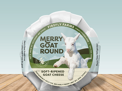 Firefly Farms Merry Goat Round Goat Cheese animal blue branding cheese cream dairy design farm goat green illustration label merry packagedesign packaging round sky wood