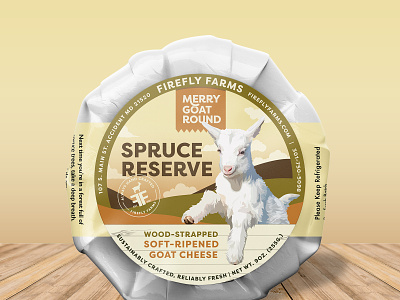 Firefly Farms Spruce Reserve Goat Cheese animal branding bright cheese cream design farm food fresh goat green illustration label orange packagedesign packaging spruce warm wood yellow