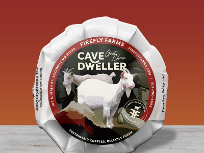 Firefly Farms Cave Dweller Label branding cave charcuterie cheese cream dairy design dweller food goat goats illustration label orange packaging red rocks vector