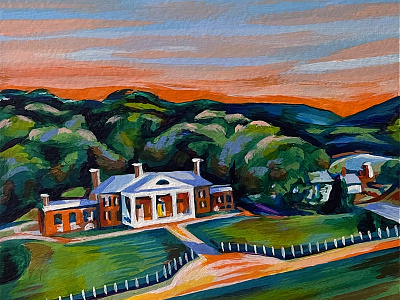 Orange County Virginia Montpelier Illustration acrylic attraction blue bright collateral colorful design grass green illustration museum orange painting sky sunset visit