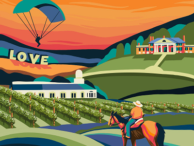 Visit Orange County Virginia Poster artwork blue branding colorful destination detailed green hills horse illustration museum orange path perspective scenic skydive travel vineyard vintage winery