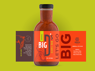 Big D's BBQ Sauce bottle brown food funny green illustration label orange packaging rooster sauce typography