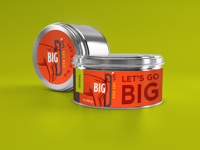 Big D's Dry Rub branding brown food funny green illustration orange packaging spice tin typography
