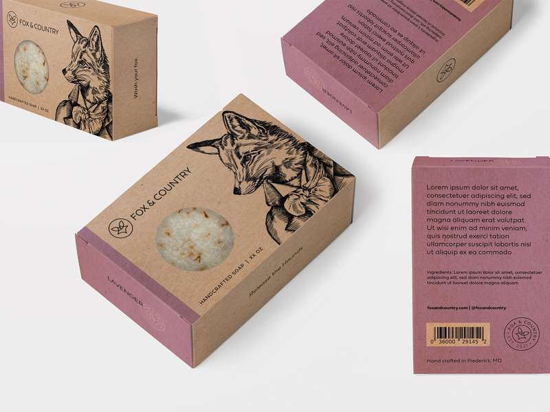 Fox & Country Handcrafted Soap Packaging cosmetic custom design fox handcrafted illustration kraft lavender packaging soap
